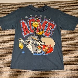WARNER BROS Property of‎ Acme Dark Green Cotton Hooded Short Sleeve Shirt L 90s